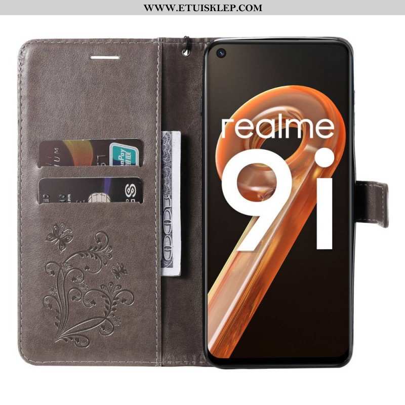 Etui Folio do Realme 9i z Łańcuch Gigantyczny Motyl Z Paskami